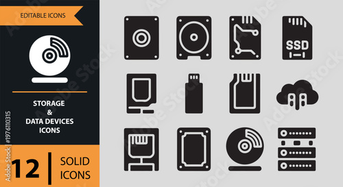 12 Storage and Data Devices Solid Icons solid icon set. storage devices usb hard drive solid icons
