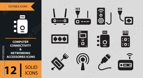 12 Computer Connectivity and Networking Accessories Solid Icons solid icon set. cables router network accessories solid icons