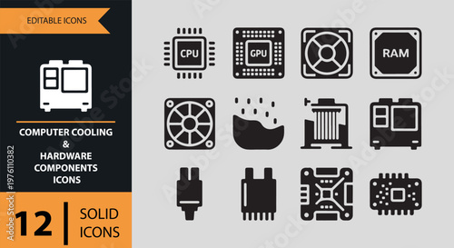 12 Computer Cooling and Hardware Components Solid Icons solid icon set. cpu fan cooling hardware components solid icons