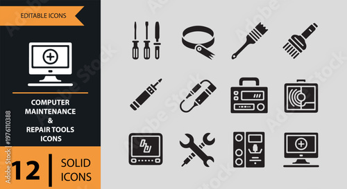 12 Computer Maintenance and Repair Tools Solid Icons solid icon set. repair tools computer maintenance toolkit solid icons