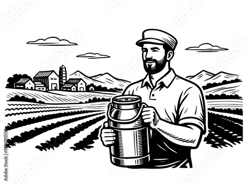 Hand drawn farmer holding milk can in field. Vintage agriculture scene with farmland rows and village in background. Vector black ink outline illustration in engraving style, dairy farming concept