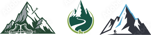Mountain peak summit logo design set. Outdoor hiking and adventure icons with alpine wilderness travel symbols. Vector illustration