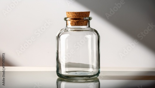 a clear glass round necked empty storage vessel sealed with a natural brown cork stopper sits on a white sunlit reflective tabletop use