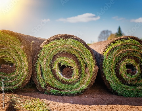 fresh turf grass sod rolls on a sunny day ready to be laid