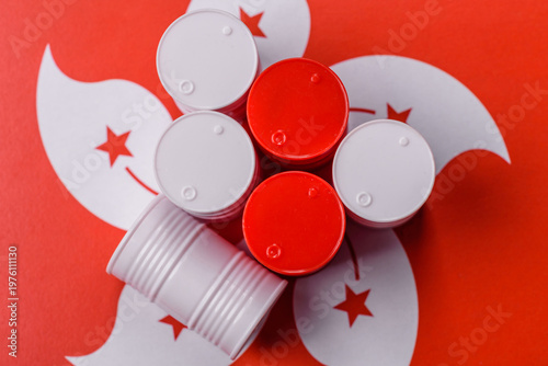 Photography Metal barrels of oil, gas, or chemicals on the hong kong flag