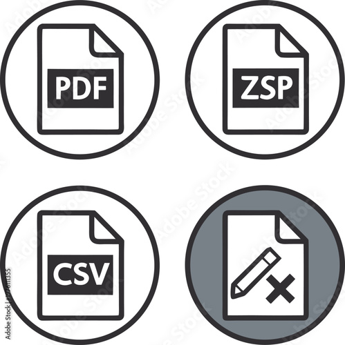 Document file type icons with PDF, ZSP, CSV and editable deletion symbol in colorful circles