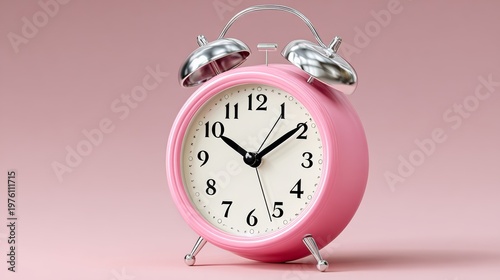 Pink alarm clock with silver bells and white face displaying black numbers, positioned against a soft pink background for a modern decorative touch