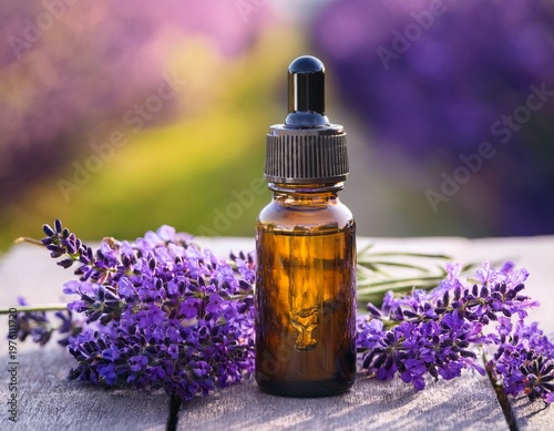 lavender essential oil in dropper bottle with blooming flowers for aromatherapy wellness