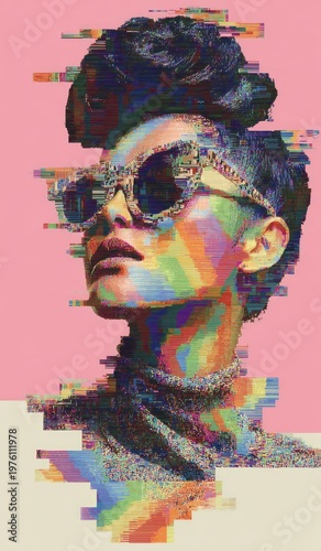 Pixelated Glamour: Woman with Futuristic Sunglasses