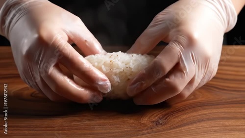 Hands in protective gloves shaping traditional Japanese onigiri rice ball on a wooden table for authentic homemade food preparation concept