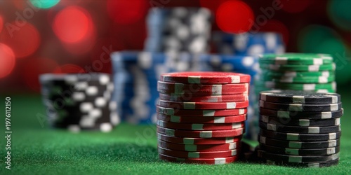 Stacks of Gambling Chips on Green Felt with Bokeh Background Lighting
