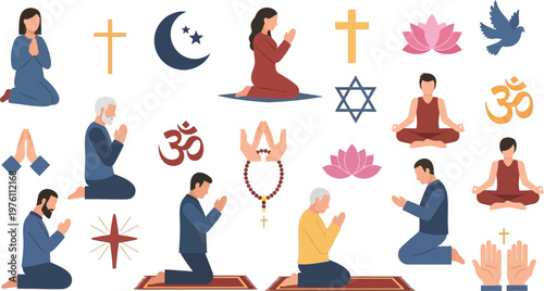 Worshipers kneel in prayer alongside sacred symbols and religious icons representing various global faiths in a comprehensive flat design collection.