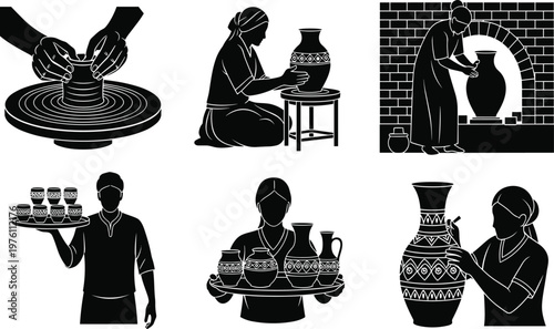 Pottery making silhouette set with potter working on wheel, woman painting ceramic vase, craftsman carrying clay pots, traditional craft workshop collection.