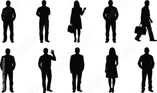 Professional Business People Silhouettes Set Featuring Corporate Men and Women Walking Standing and Waving in Formal Attire for Office Vector Graphics