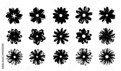 Primitive brush flowers vector collection hand drawn ink floral grunge silhouettes