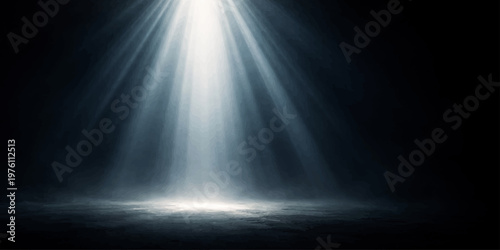 A dark night sky filled with storm clouds and fog is illuminated by bright blue light rays and beams reflecting off the sea texture to create a dramatic nature backdrop