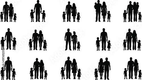 Set of happy family silhouettes with father, mother, son, and daughter standing together, isolated on white background, for diverse lifestyle concepts