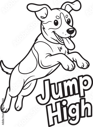A cartoon dog jumping with the words Jump High illustration
