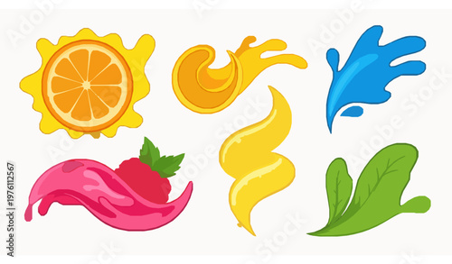 Cartoon juice splash vector collection colorful lemonade spirals and fruity liquid splatters