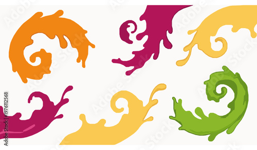 Colorful juice splash vector set cartoon fruit liquid splatters fresh drink wave shapes