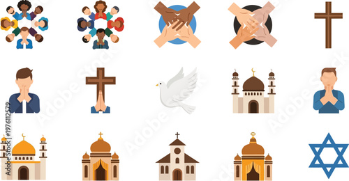 Religious icons and diverse people illustrate various spiritual practices including prayer, meditation, and symbols of major global faiths in a flat design style.