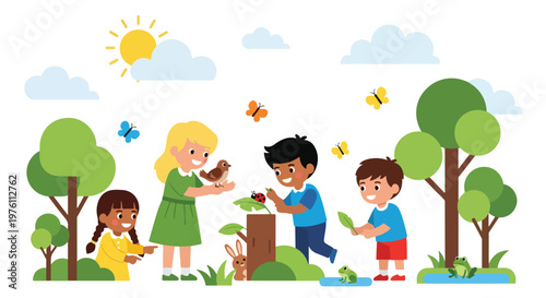Happy kids explore nature in a sunny park, observing a bird, ladybug, frogs, and a rabbit amidst trees, grass, and fluttering butterflies.