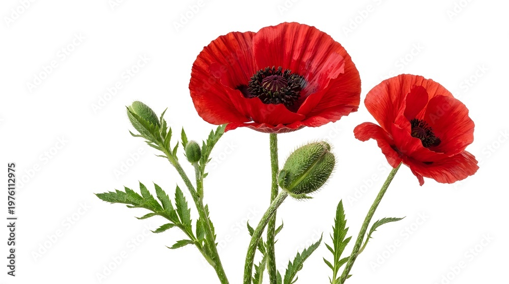 Obraz premium Two blooming red poppy flowers with black centers, green hairy stems, and several unopened flower buds with green leaves, isolated on a clean white background for botanical study.