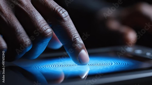 A close-up shot depicts a dark-skinned hand interacting with a sleek, modern device, suggesting a focus on technology and digital interaction.