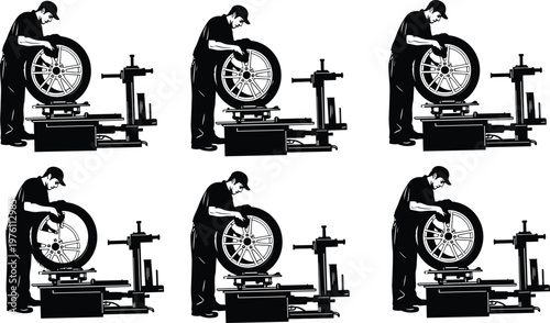 Silhouette collection of professional auto mechanics changing tires using specialized balancing machine equipment in car repair service garage on white background