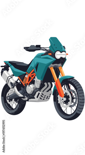 Teal adventure motorcycle with orange accents on white background.