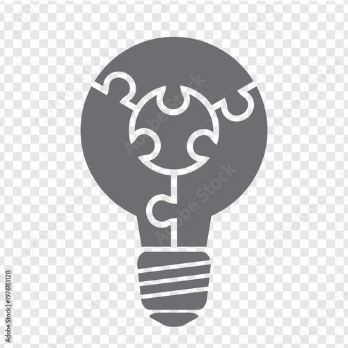 Simple icon light bulb puzzle in gray. Simple icon puzzle of the three pieces and center on transparent background. Flat design. Vector illustration EPS10.