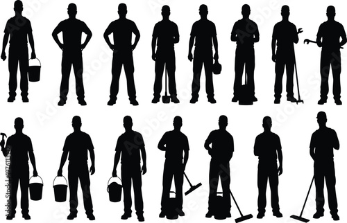 Silhouette collection of professional maintenance workers cleaners and janitors holding buckets mops hammers and wrenches standing in various poses on white background