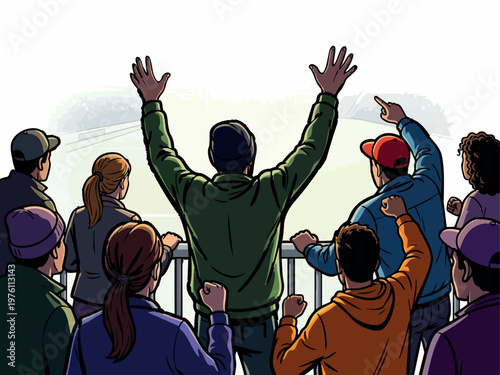 Diverse crowd of fans celebrating at stadium. Soccer or football spectators