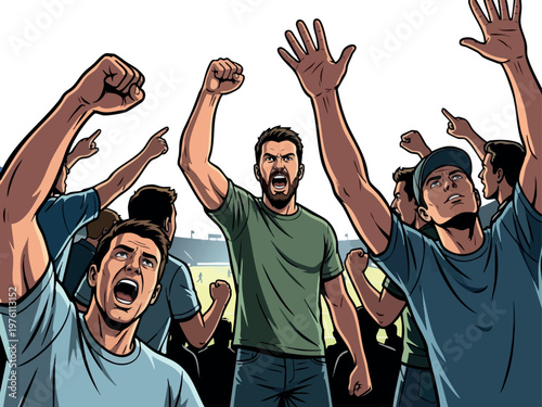 Passionate sports fans shouting and cheering. Soccer or football spectators