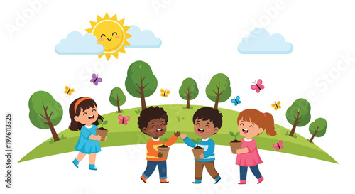 Four happy children are planting saplings in a beautiful green park under a bright smiling sun with colorful butterflies fluttering around.