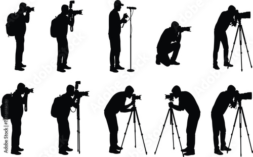 Silhouette of professional photographer set taking photos with camera on tripod, paparazzi standing with backpack, filmmaker recording video, journalist working collection.