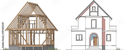 Wooden House Frame and Finished Building Design Vector Set, Architectural Structure, House Plan, and Construction Drawing for Architecture and Construction Projects