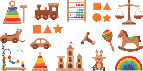 Wooden Educational Toy Set, Stacking Rings, Train, Abacus, Balance Scales, Car, Castle, Rainbow, and Animal Toys, Early Childhood Learning Icons