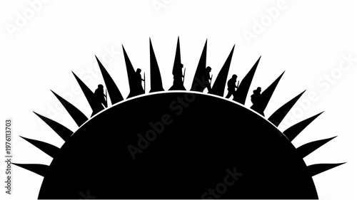 A dramatic battlefield horizon where silhouetted soldiers merge into a dark ominous landscape with sharp jagged skyline