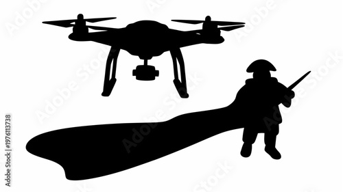 Drone casting long shadow of soldier holding remote control symbolizing surveillance and technology
