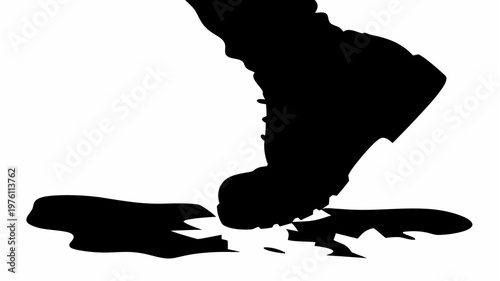 A military boot stepping down from a rugged surface with a dramatic shadow effect on a white background symbolizing power and strength in a conceptual design element