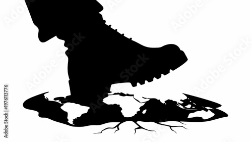 Military boot stepping down on cracked earth symbolizing power and resilience in a rugged terrain