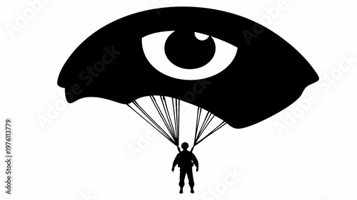Parachuting soldier with giant eye shaped parachute in mid air surveillance concept illustration