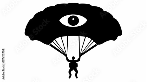 Soldier parachuting with an eye shaped parachute in black silhouette against white background symbolizing surveillance or vision