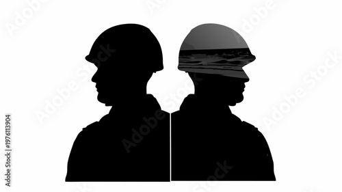 Soldier silhouettes in contrasting helmets facing right symbolizing unity and conflict on white background