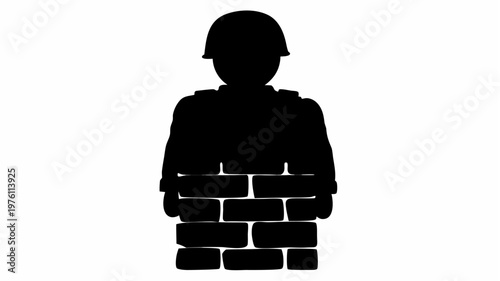 Soldier standing guard with body made of bricks symbolizing strength and resilience in a conceptual illustration