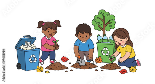 Diverse happy children are actively engaged in environmental conservation by planting saplings and recycling paper and plastic waste outdoors.