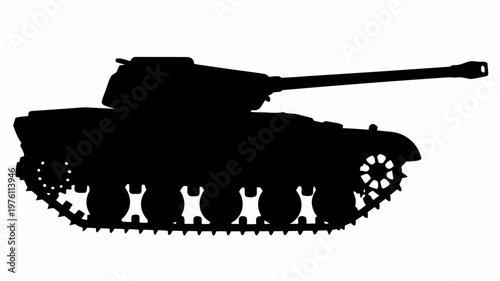 Silhouette of a tank with chai tea cup tracks on a white background symbolizing war and peace