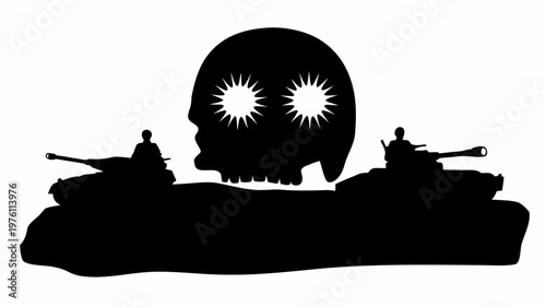 War scene with tanks and skull explosion silhouette representing conflict and destruction in a dark and ominous atmosphere with a white background
