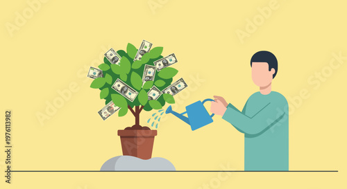 Man carefully watering a money tree laden with dollar bills, symbolizing financial growth, investment, and nurturing wealth with clean lines and a pleasant yellow and green color